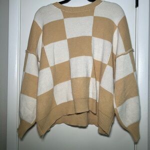 Cozy Checkered Sweater - Tan and White